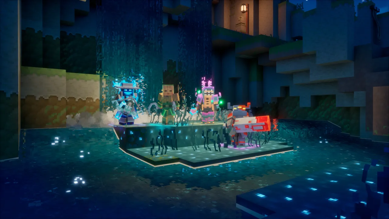 Heroes on a stone stage in a dark cavern lit by glowing cyan blocks