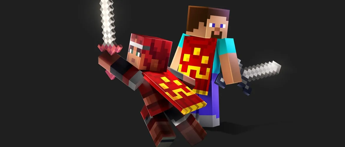 Two blocky Minecraft characters with swords, both wearing a red cape with a yellow pattern