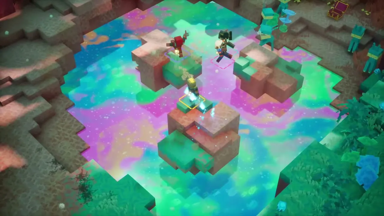 Heroes standing on blocks in the middle of a pool of swirling rainbow-coloured liquid
