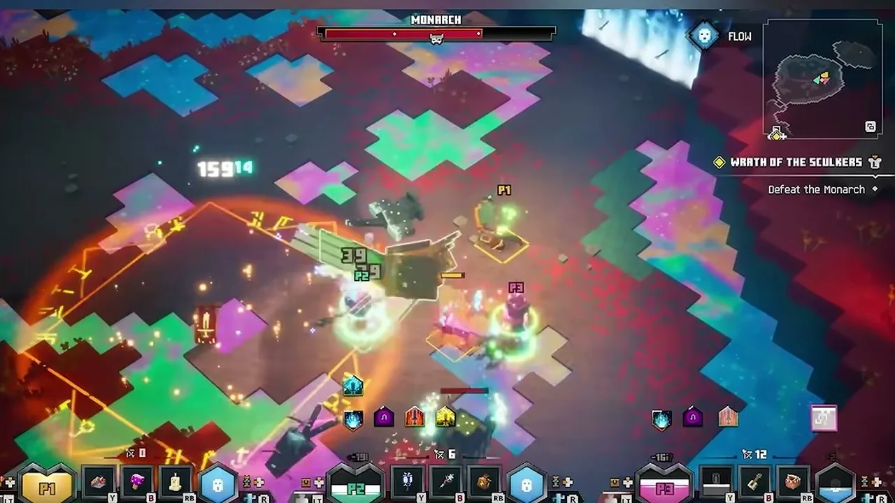 Four heroes fighting under a boss bar labelled Monarch on a patchwork pink and teal floor