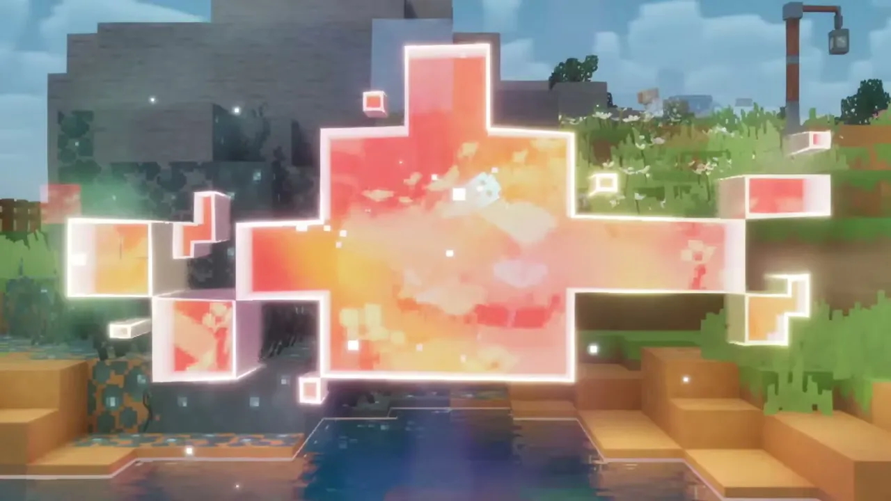 A jagged, glowing orange and pink tear in the air above a grassy Overworld path