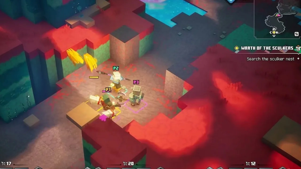 Three heroes on a red and dark stone ledge; the quest tracker reads Search the sculker nest