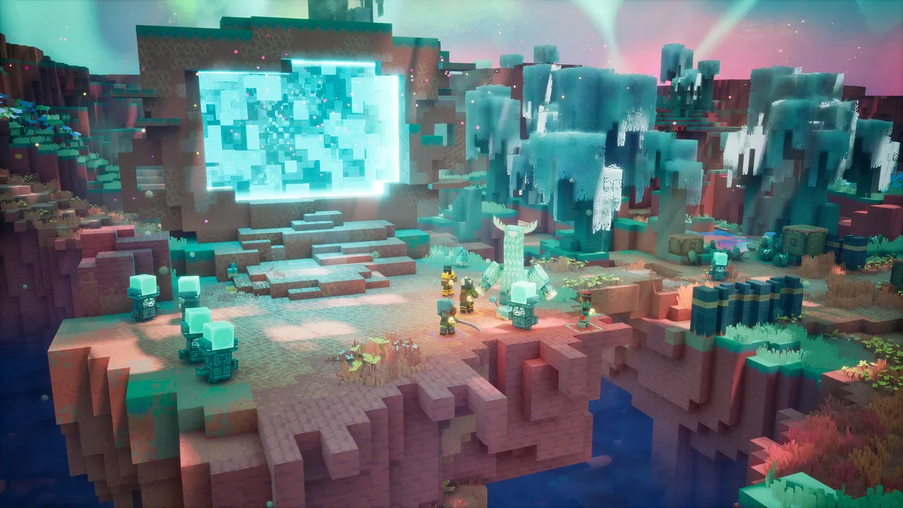 A glowing square portal on a floating island of pink and red blocks under a pink sky