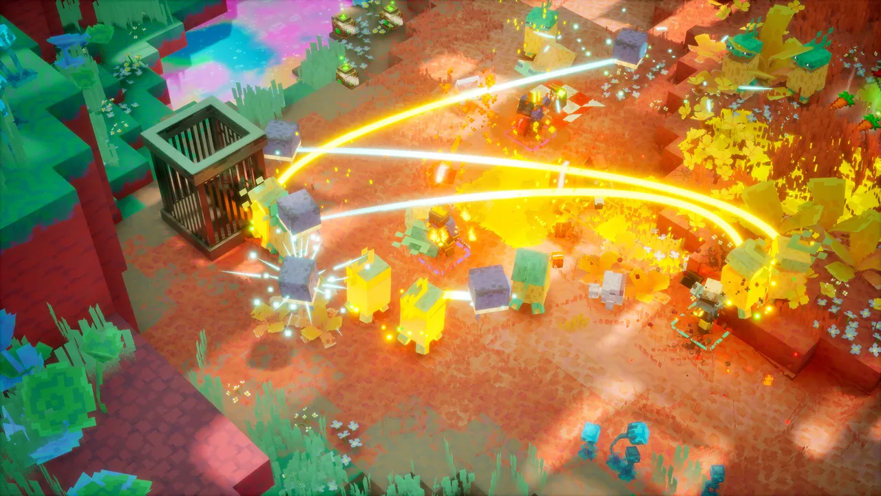 Heroes fighting a swarm of small blocky creatures on orange ground, trailing yellow light