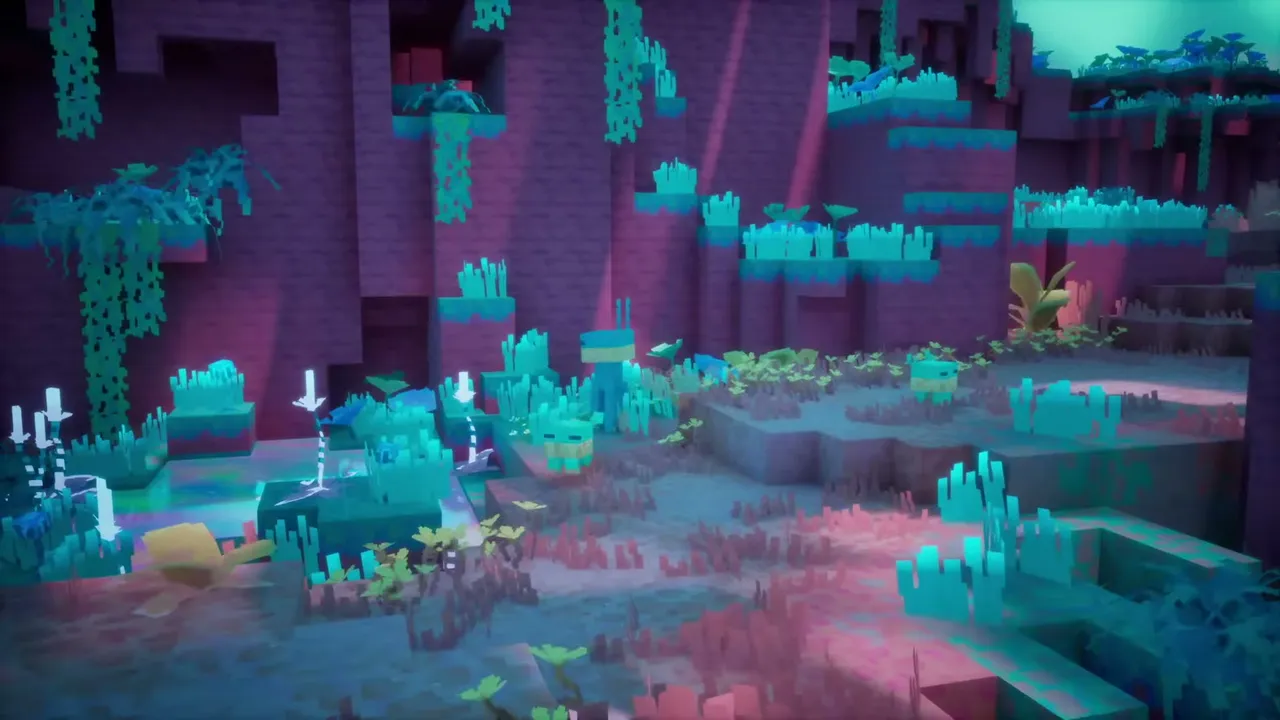Purple cliffs with teal plants and glowing blue grass