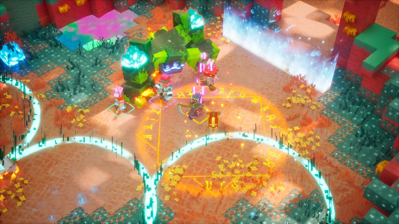 A hero standing inside a glowing orange ring of runes on red ground, surrounded by enemies