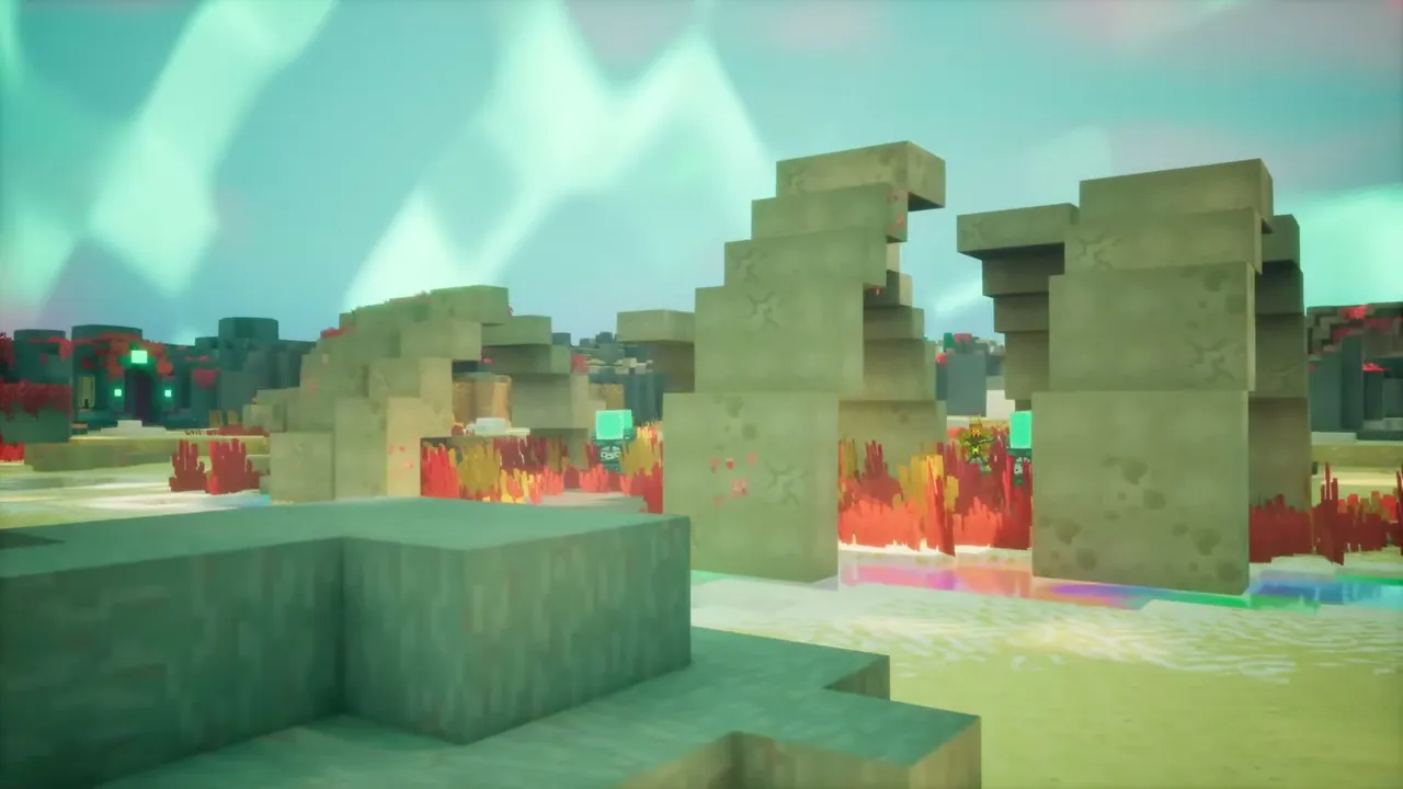 Tall sandy pillars rising out of a flat, sandy ground with red plants around their bases