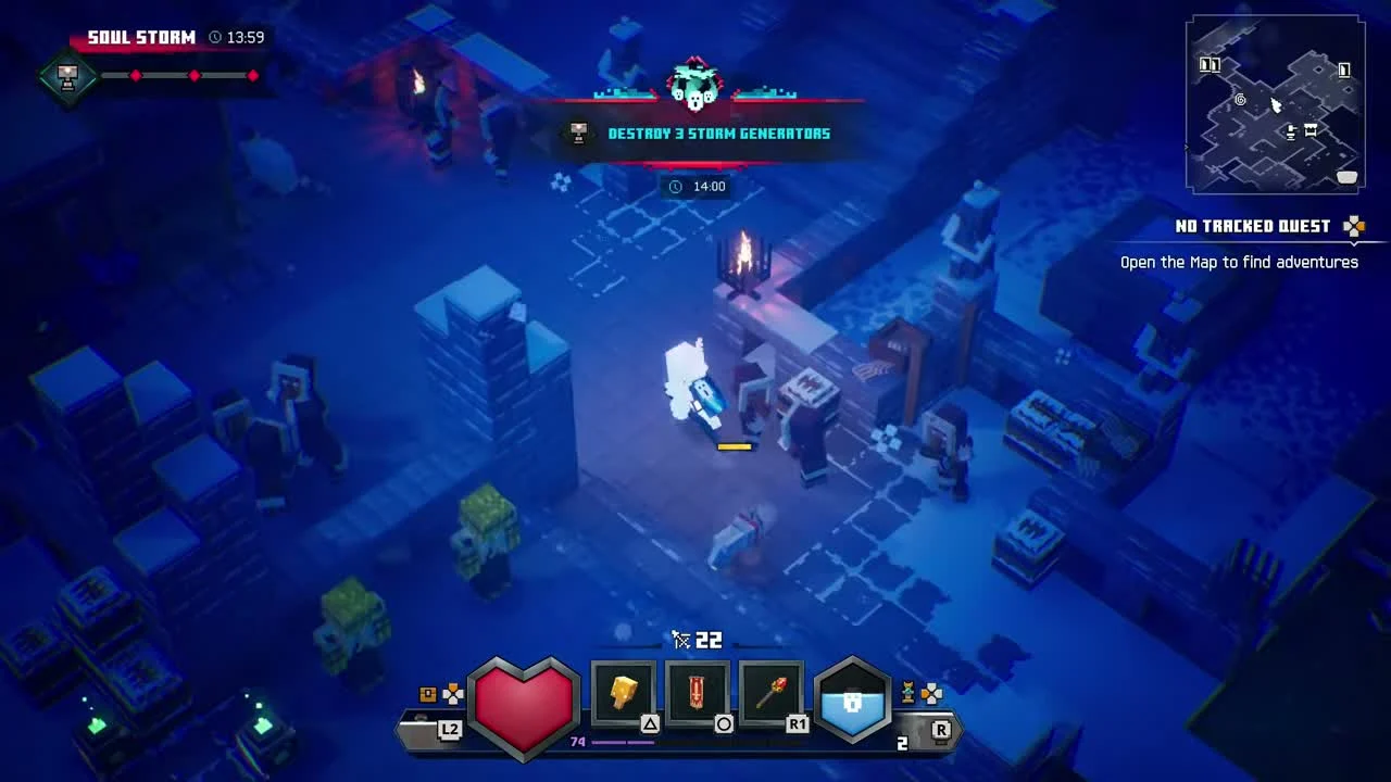 Soul Storm gameplay showing Destroy 3 Storm Generators and a remaining countdown of 13:59