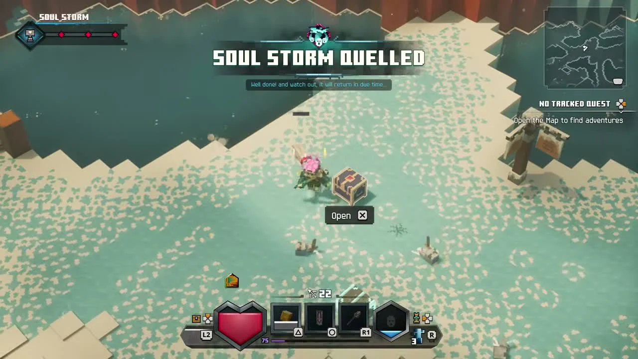 Soul Storm Quelled message above a reward chest with an Open prompt