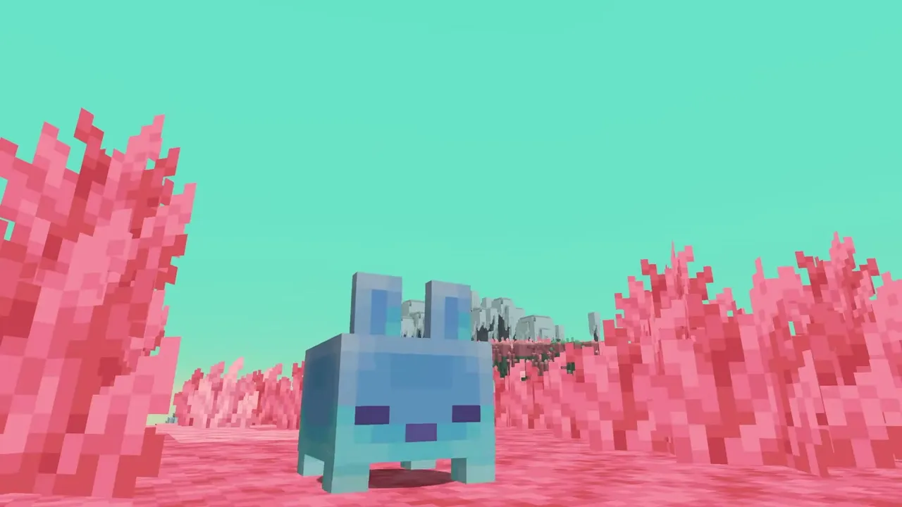 A small pale blue blocky creature with two tall ears walking through pink blocky grass