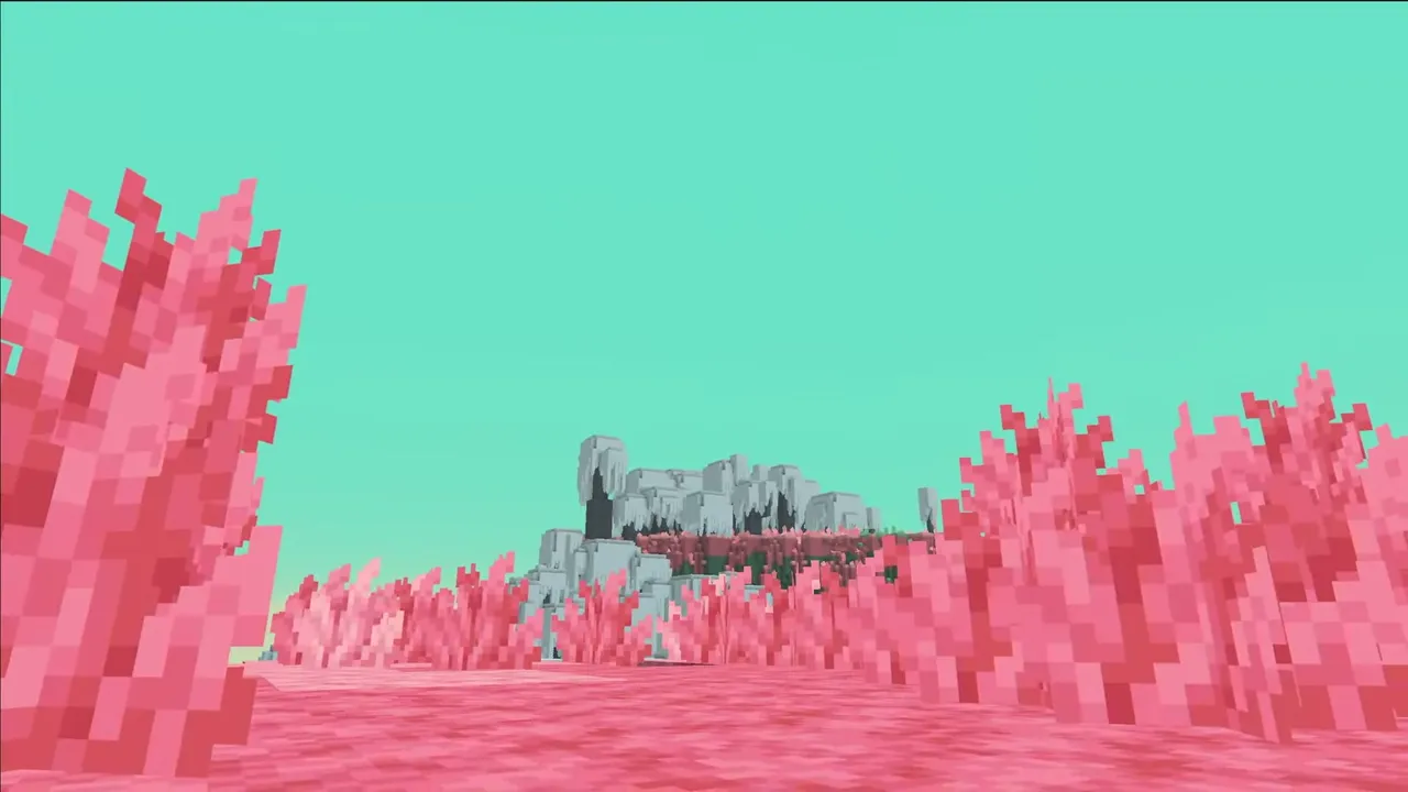 Pink blocky grass under a pale teal sky, with a grey rocky outcrop in the distance